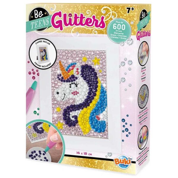 Pictură cu diamante Be Teens Glitters cu ramă inclusă, model Unicorn