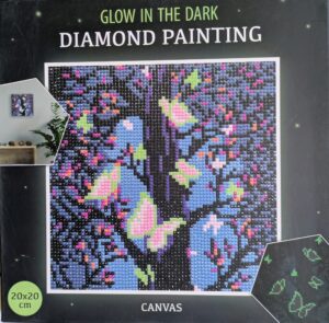 Glow in the Dark - Pom cu Fluturi Tablou cu diamante strălucitoare – Model Copac cu Fluturi (ramă inclusa), 20×20 cm - imagine 1